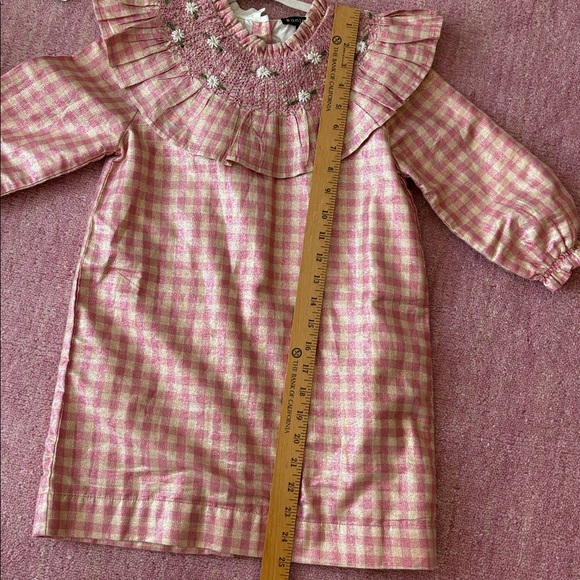 Bonjour Diary Girls Lurex Gingham Ruffle Floral Embroidered Smocked Collar Dress - Picture 7 of 7